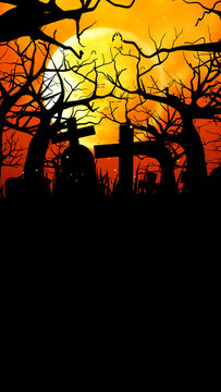 Spooky Halloween Graveyard With Cross Tombstones And Bare Trees Against A Glowing Orange Night Sky, Halloween Background Concept, 3d rendering
