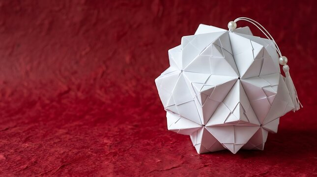 A white geometric origami paper sphere ornament isolated on a textured dark red background.