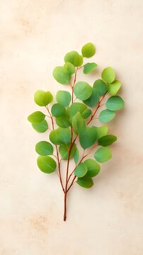 Bright Green Eucalyptus Branch with Rounded Leaves on Light Neutral Background for Natural Decor