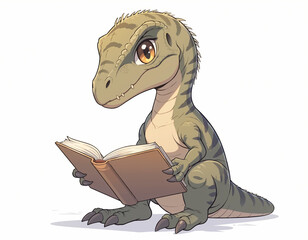 Adorable baby dinosaur sitting and reading an open book featuring a cute prehistoric creature learning from a story on a clean white background © eidel