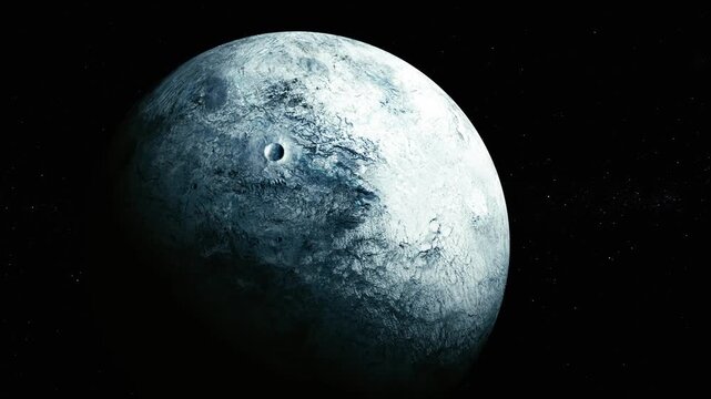 Frozen cratered planet or moon floating in dark space with a rough icy surface and faint stars