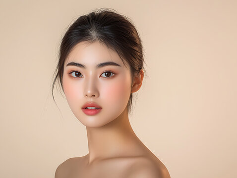 Beautiful young Asian woman with flawless skin and soft makeup, looking serene