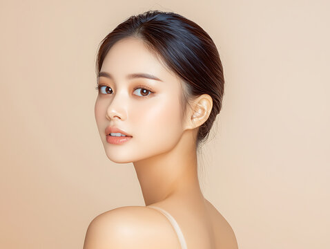 Young woman with flawless skin and subtle makeup looking over her shoulder