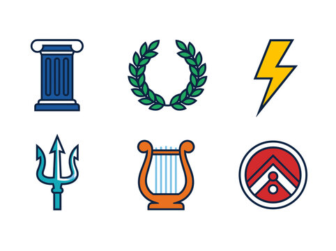 Classic Greek Mythology Icons Column Laurel Lightning Trident Lyre Shield