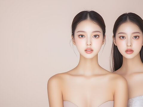 Two young women with flawless skin and subtle makeup posing against a neutral background