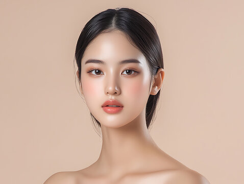 Young woman with flawless skin and subtle makeup, looking directly at the camera