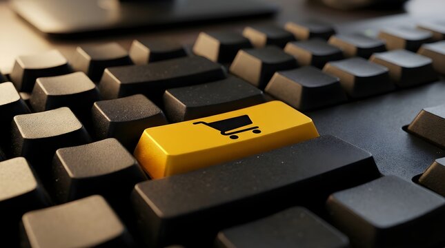Close-up of a Computer Keyboard with a Yellow Key Featuring a Shopping Cart Icon for E-commerce Concept