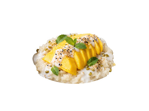 Mango sticky rice dessert. Traditional Thai sweet dish with coconut cream and fresh fruit.