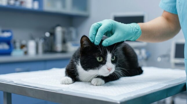 Veterinarian wearing gloves gently petting a black and white cat during a checkup.