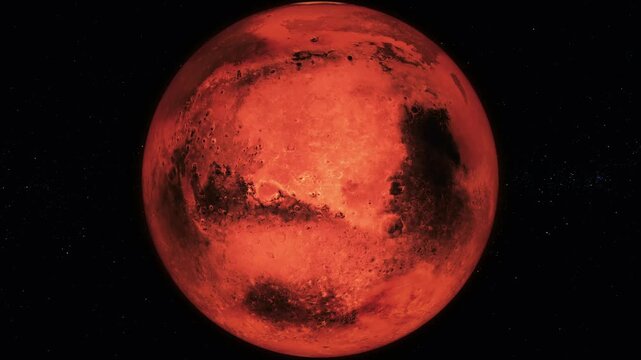 Red planet in deep space with a dark starry background, showing a detailed rocky surface and glowing light on one side