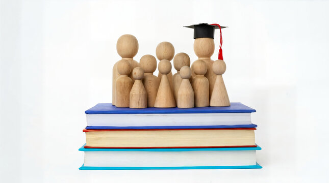 Wooden figurines wearing a graduation cap stand on top of a stack of books to signify academic success and achievement.