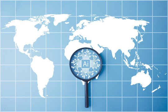 Global artificial intelligence concept. Magnifying glass with a digital AI microchip icon over a white world map on a blue grid background. Worldwide technology and machine learning.