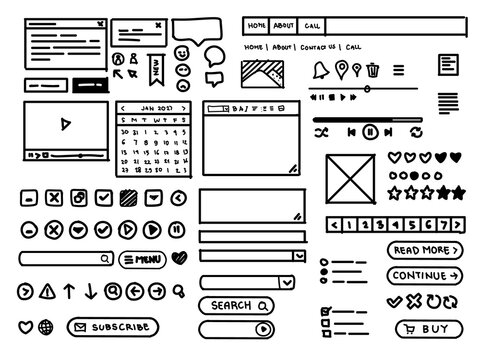 Hand drawn UI elements set with doodle web interface icons, buttons, browser, calendar, media player, search bar and navigation menu, black and white sketch vector