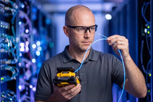 Network technician testing fiber optic cable in modern data center, telecommunications and network infrastructure