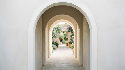 Fototapeta premium White Arched Hallway Leading to a Lush Garden Pathway.