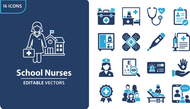 School Nurse Icon Set with Healthcare and Medical Vector Symbols