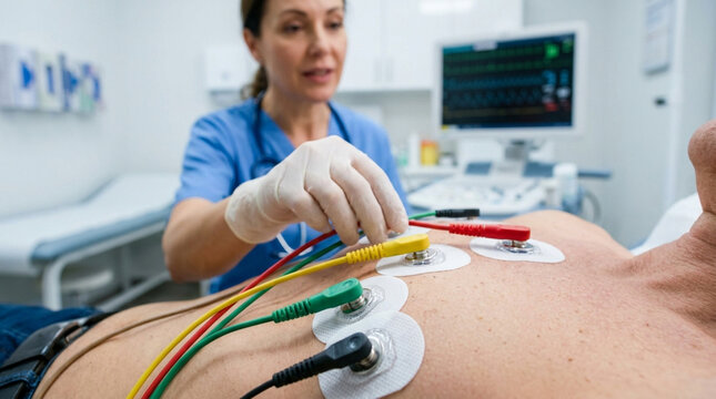 Nurse Attaching ECG Electrodes to Patient's Chest for Heart Monitor