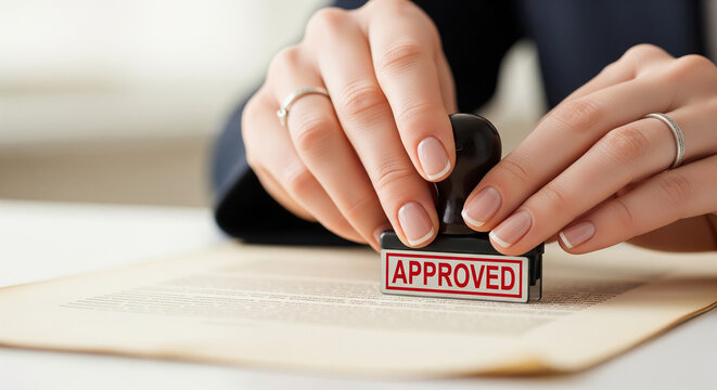 Close up of businesswoman stamping an approved mark on documents perfect for a certified corporate legal agreement concept