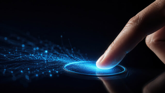 Fingerprint scan with blue digital particle stream, biometric security technology concept with human finger pressing sensor
