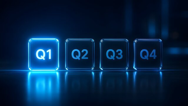 Glowing blue neon squares displaying Q1 Q2 Q3 Q4 on dark background representing business quarters and annual financial reporting