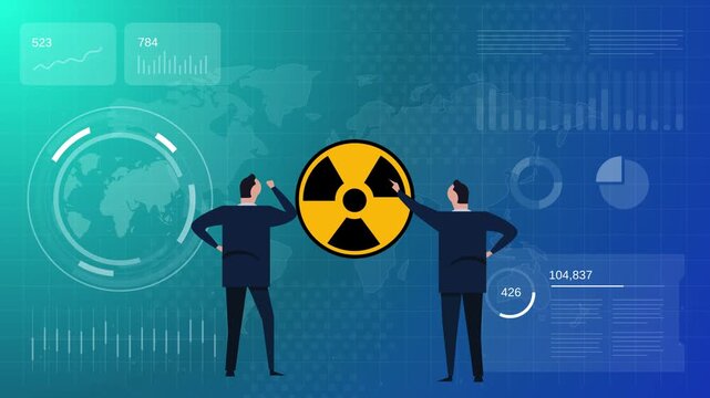 analyzing nuclear deal radiation symbol on data with world map concept of nuclear energy policy and atomic power negotiation animated motion graphic