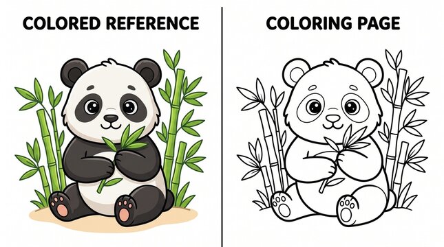 Cute panda bear coloring page for children with color guide coloring activity