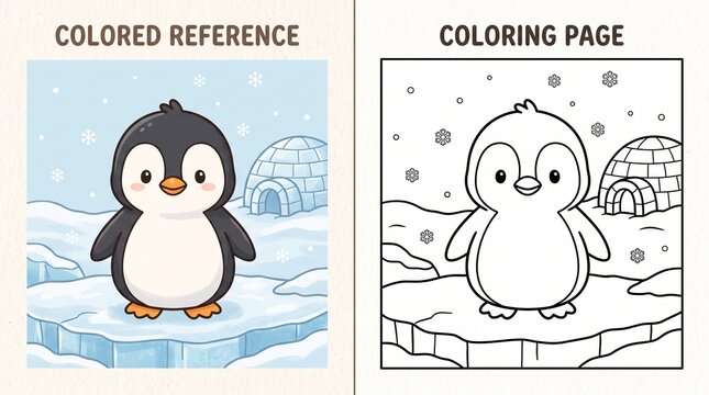 Cute little penguin coloring page with colored example coloring activity