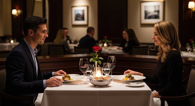 Couple enjoying elegant dinner date in upscale restaurant