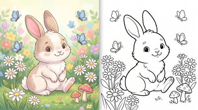 Cute baby rabbit in a flower garden coloring activity sheet with coloring