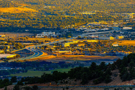Panoramic aerial view of Reno urban cityscape sunrise