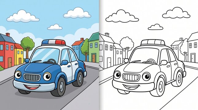 Cute police car coloring page with colored reference coloring children