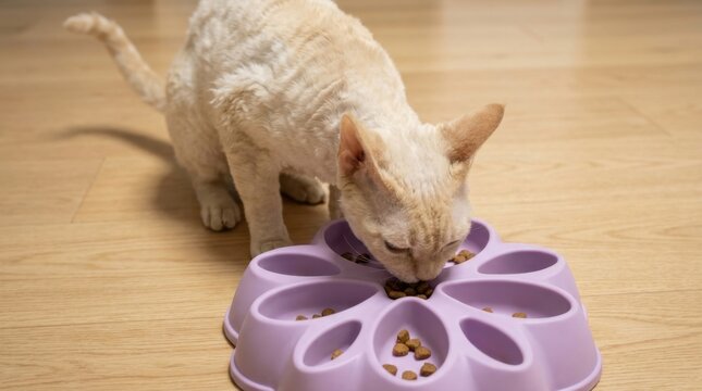 A light-colored Devon Rex cat eats from a purple slow feeder bowl on a wooden floor.