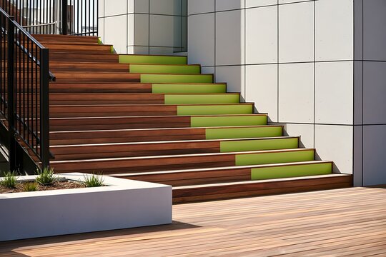 Modern outdoor staircase and planter with clean lines, green accents and wooden steps, illustrating urban design and functional architecture.