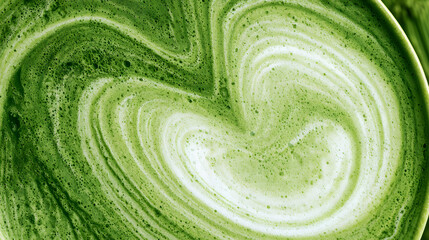 Obraz premium a frothy matcha latte, known for its distinctive emerald hue and subtle swirls of creamy foam, captured in both macro and wide-angle shots, featuring a detailed texture close-up and viewed from the to