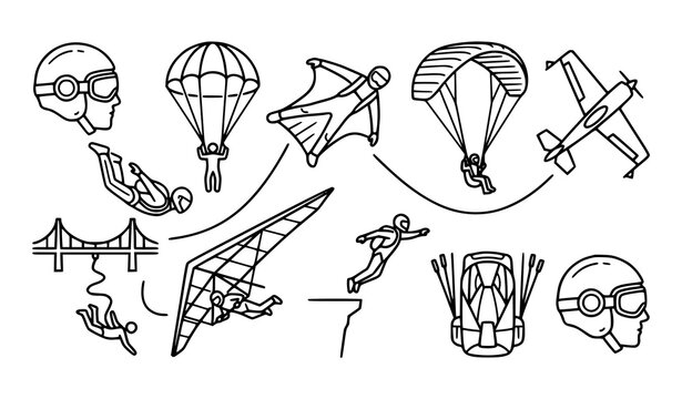 Extreme air sports linear icon set with skydiving parachuting wingsuit and paragliding