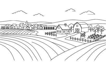 Fototapeta premium Agricultural field and countryside farm buildings linear landscape illustration vector