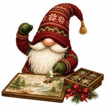 A festive gnome in a red knit hat and mittens assembles a nature-themed puzzle, surrounded by puzzle pieces and a decorative gift box with a red bow.