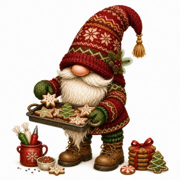 A festive gnome in a knitted hat and sweater holds a tray of decorated Christmas cookies, surrounded by holiday treats and decorations.