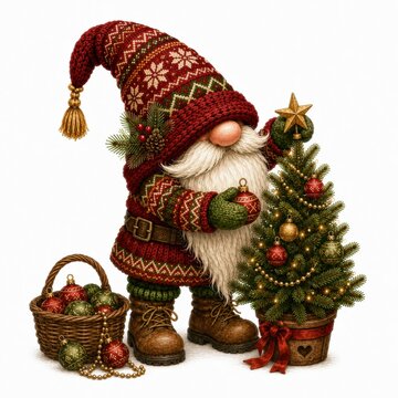 A festive gnome dressed in cozy winter attire decorates a small, ornate Christmas tree with colorful ornaments and garlands beside a basket full of baubles.