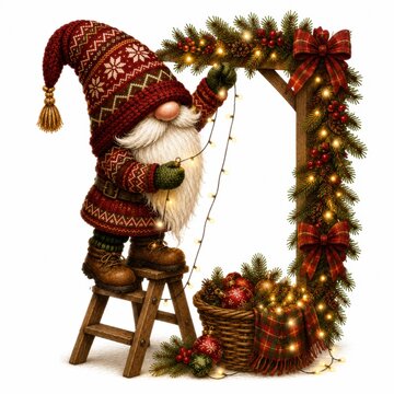 A gnome in a knitted sweater and hat decorates a Christmas wreath with lights, berries, bows, and ornaments beside a basket full of festive decorations.
