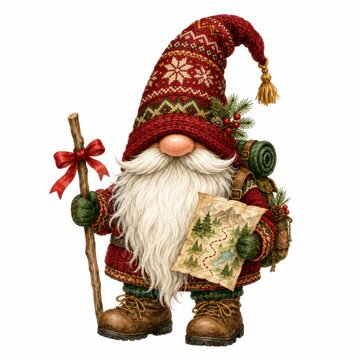 A festive gnome in a knitted red hat and sweater holds a hiking map and walking stick, ready for a winter adventure with backpack and boots.