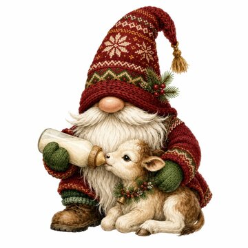 A festive gnome in a red knit hat and sweater feeds a baby lamb with a bottle, surrounded by holiday greenery and cozy winter attire.