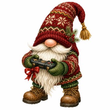 A festive gnome in a patterned red hat and sweater holds a video game controller decorated with a red bow.