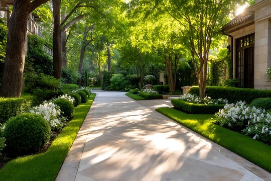 Serene, Well-Maintained Garden Pathway with Lush Green Trees and Decorative Flower Beds at a Residential Estate