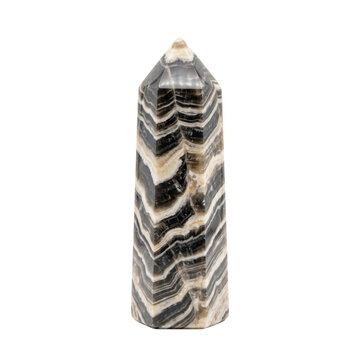 Zebra calcite crystal tower for healing and decor. Natural banded mineral specimen with striped pattern for collectors and wellness displays.