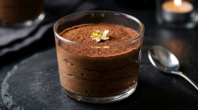 Glass cup filled with rich chocolate mousse topped with cocoa powder and edible flower chocolate culinary indulgence delicious sophisticated confection