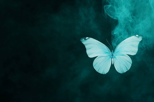 Ethereal blue butterfly in mystical fog