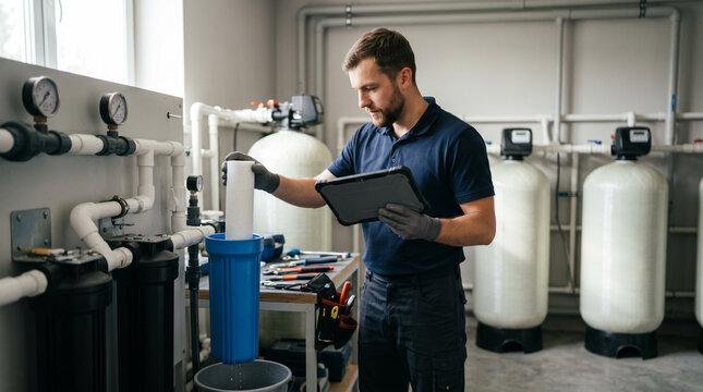 Water treatment technician services whole-house filtration and water softener system, replacing filters during residential maintenance to improve water quality and system performance.