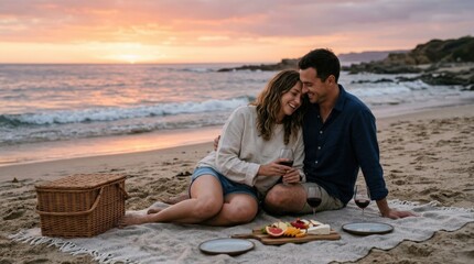 Fototapeta premium Couple enjoying a romantic picnic on the beach at sunset with food and drinks