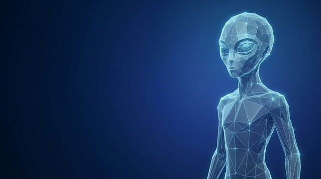 Low Poly Futuristic Alien Figure with Geometric Wireframe Design on Blue Background